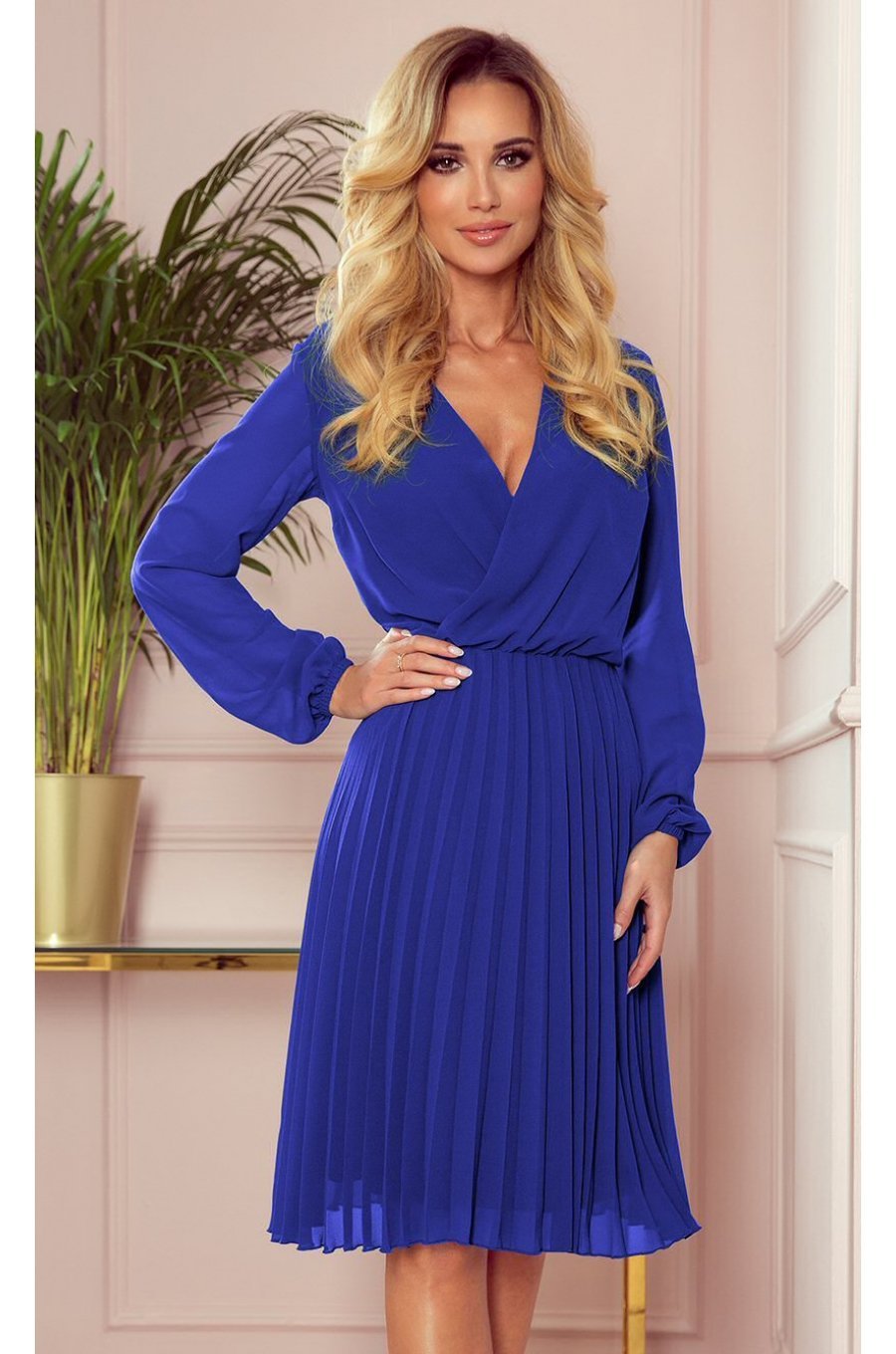 Rochie midi albastra din voal plisata cu maneca lunga Lisa 1 - jojofashion.ro