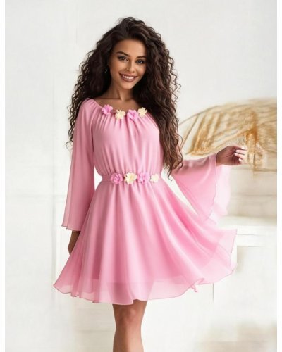 Rochii de Ocazie Elegante, Rochie scurta roz din voal cu maneca lunga Raisa - jojofashion.ro