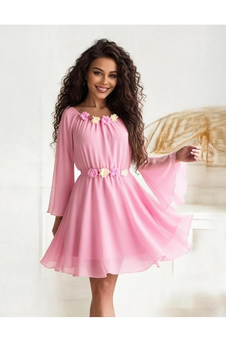 Rochie de ocazie scurta roz din voal cu maneca lunga Raisa 2 - jojofashion.ro