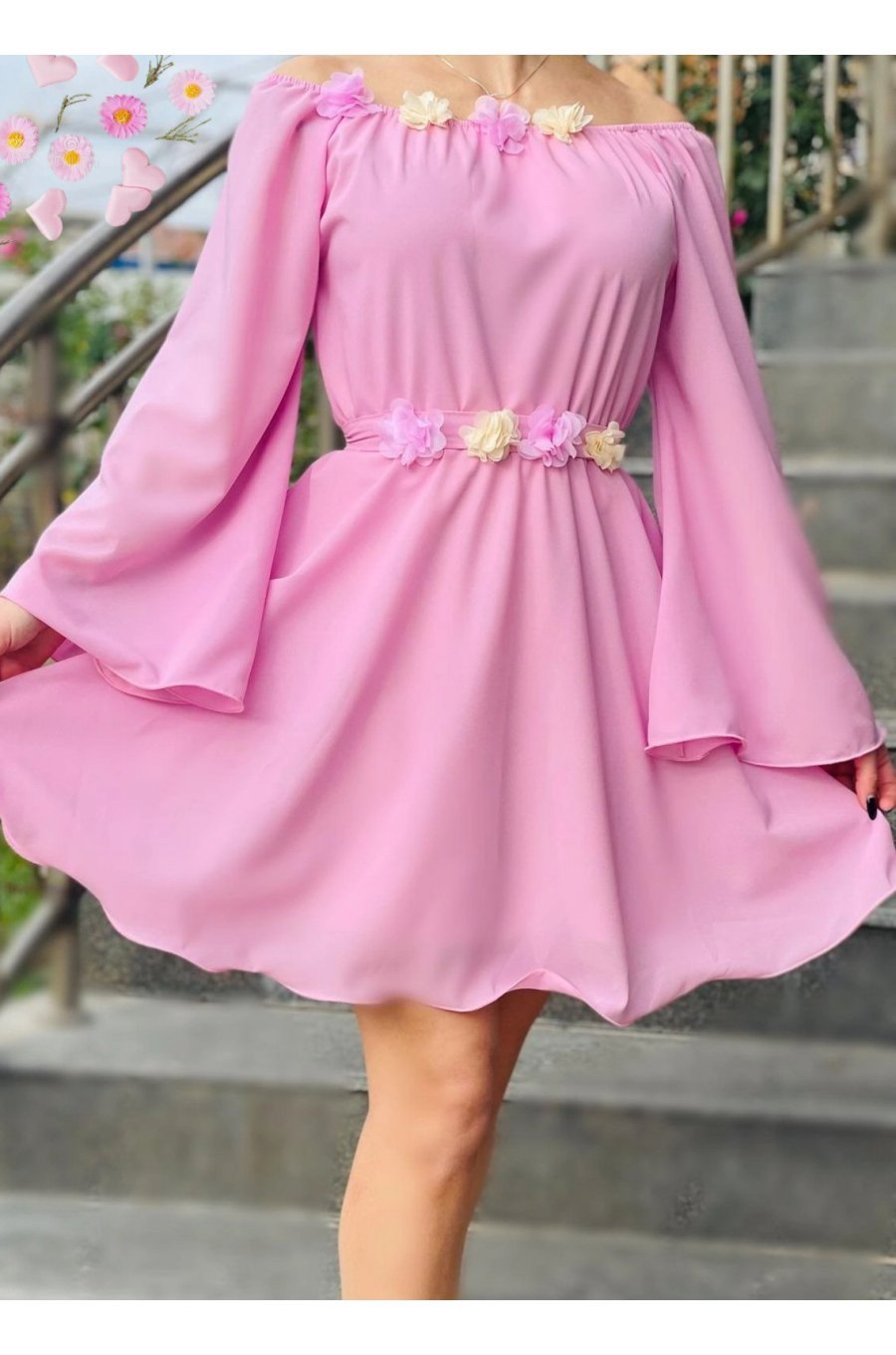 Rochie scurta roz din voal cu maneca lunga Raisa 2 - jojofashion.ro