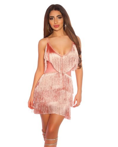 Rochii de Ocazie Elegante, Rochie scurta mulata somon cu franjuri Darla - jojofashion.ro