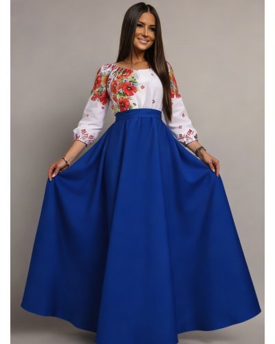 Rochii albastre, Rochie traditionala lunga din tafta albastra cu maci rosii Anna - jojofashion.ro