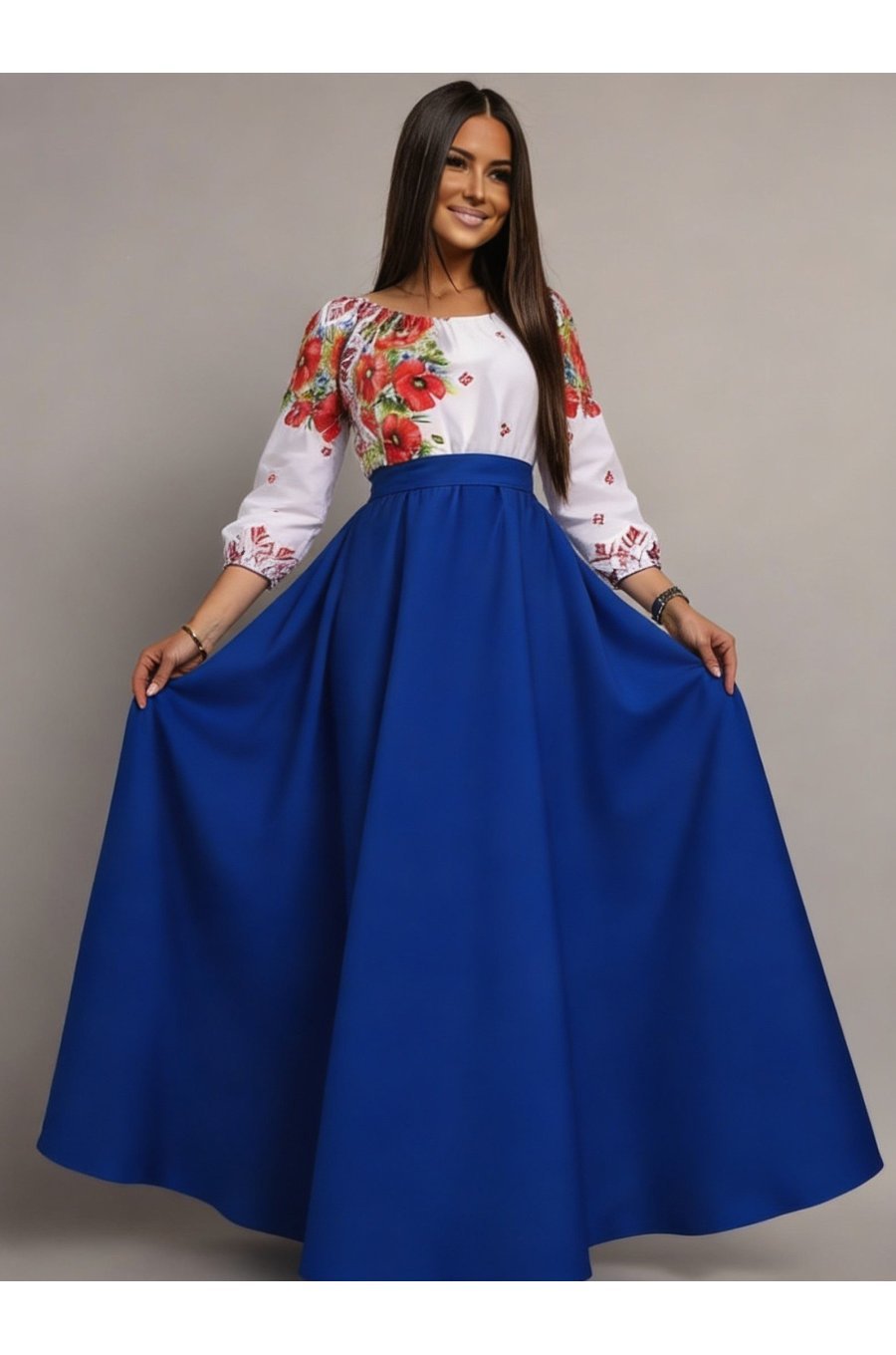 Rochie traditionala lunga din tafta albastra cu maci rosii Anna 1 - jojofashion.ro
