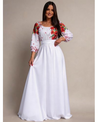 Rochii traditionale, Rochie traditionala lunga din tafta alba Anna - jojofashion.ro