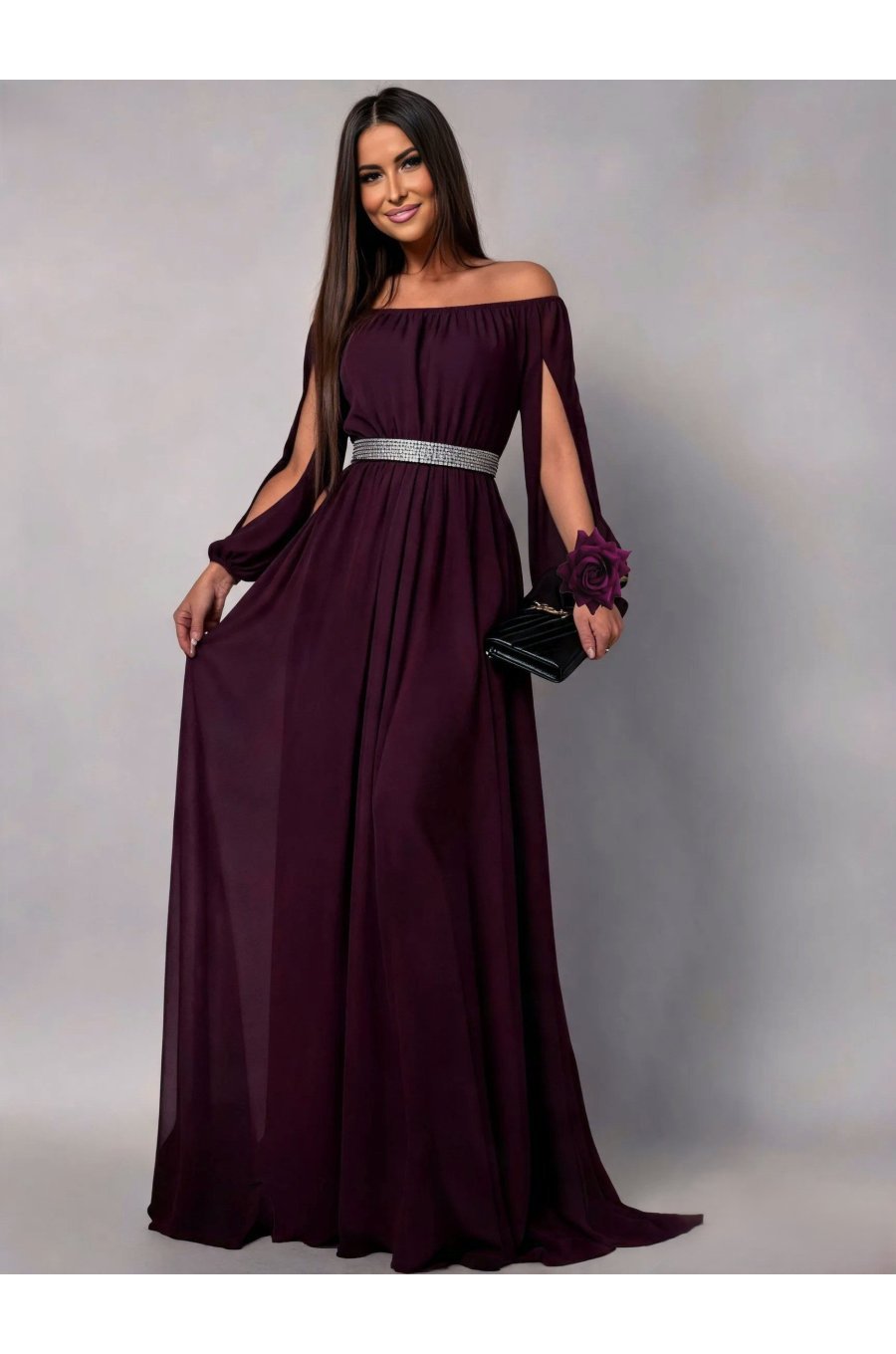Rochie de ocazie vaporoasa lunga voal mov Afrodita 1 - jojofashion.ro