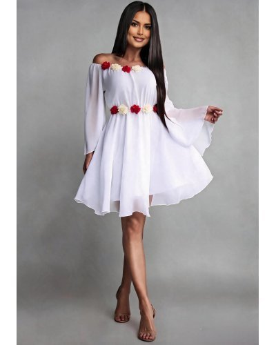 Rochii, Rochie cununie civila, scurta, din voal, alba, cu maneca lunga, Raisa - jojofashion.ro