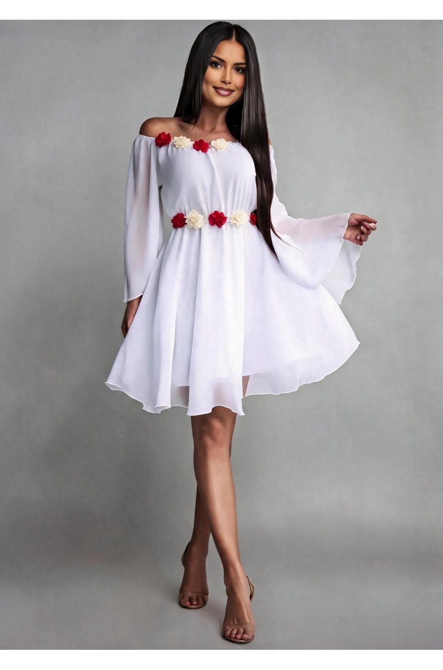 Rochie cununie civila, scurta, din voal, alba, cu maneca lunga, Raisa 1 - jojofashion.ro