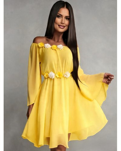 Rochii galbene, Rochie scurta galbena din voal vaporoasa Raisa - jojofashion.ro