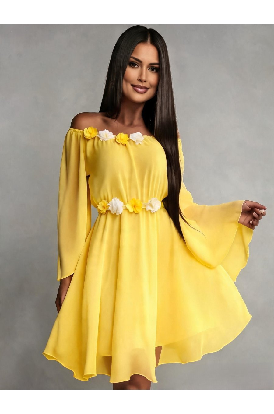 Rochie scurta galbena din voal vaporoasa Raisa 1 - jojofashion.ro