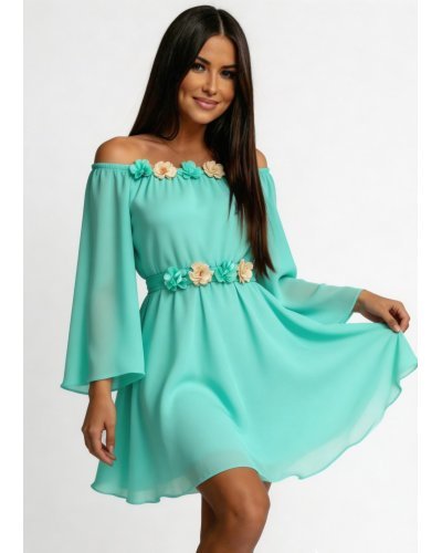 Rochii scurte, Rochie scurta din voal menta vaporoasa cu maneca lunga Raisa - jojofashion.ro