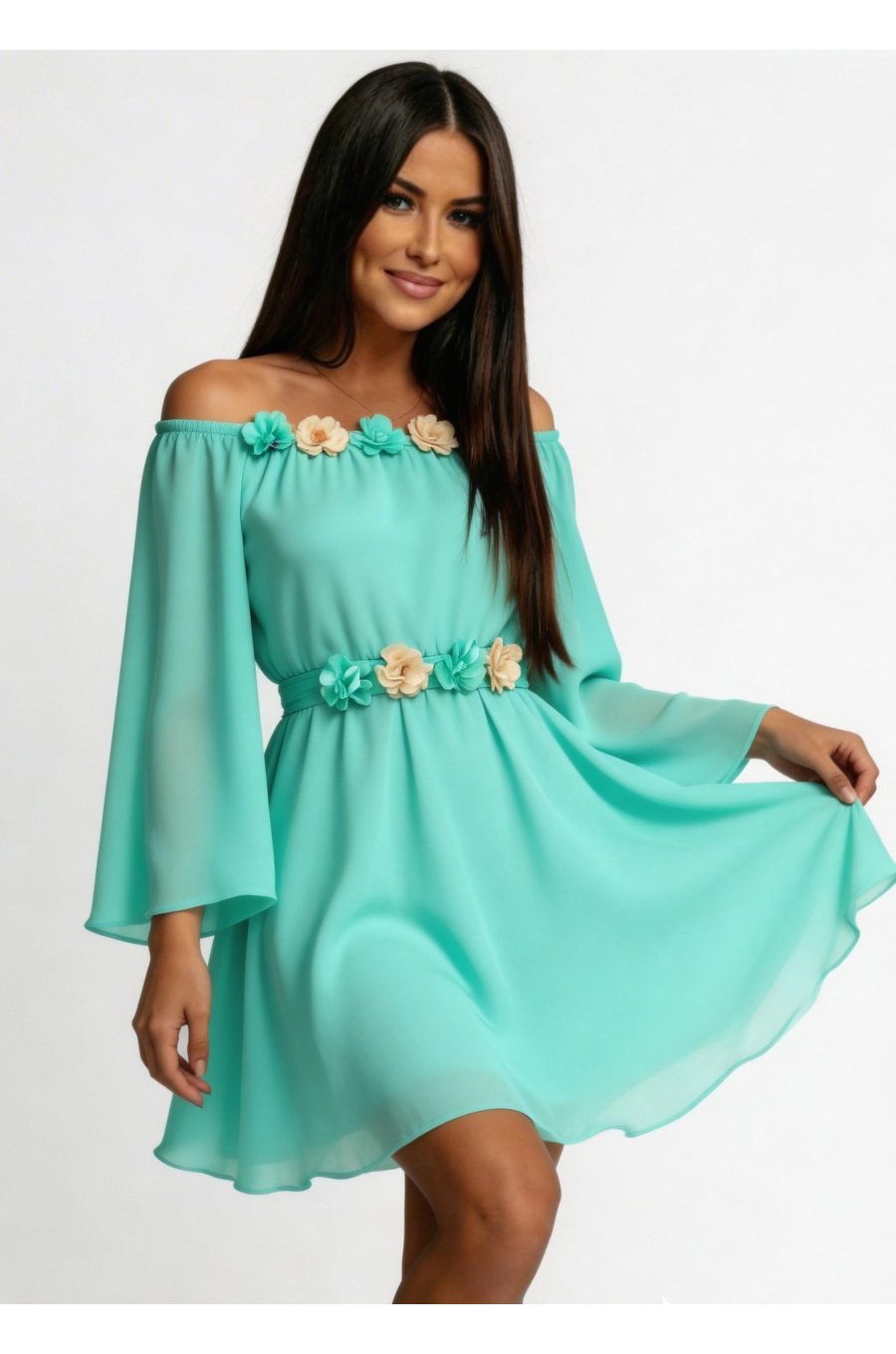 Rochie scurta din voal menta vaporoasa cu maneca lunga Raisa 1 - jojofashion.ro