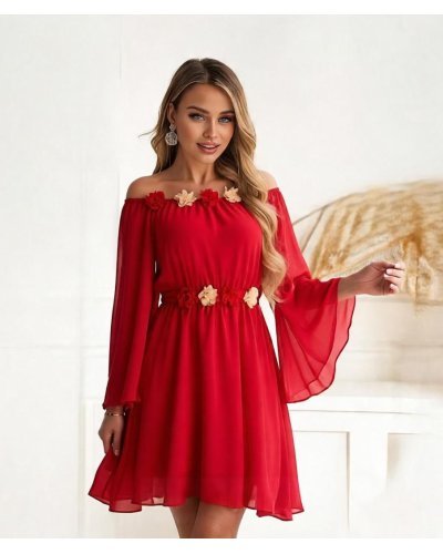 Rochii de Ocazie Elegante, Rochie scurta rosie din voal vaporoasa cu maneca lunga Raisa - jojofashion.ro