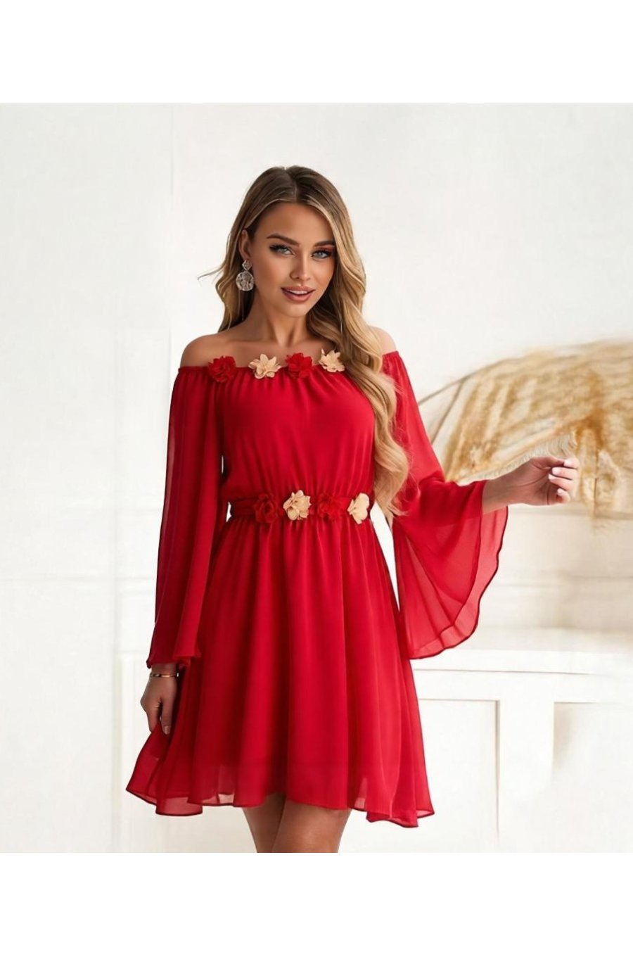 Rochie de ocazie scurta rosie din voal vaporoasa cu maneca lunga Raisa 2 - jojofashion.ro