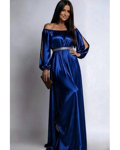 Rochii marimi mari, Rochie lunga din satin albastra vaporoasa cu maneca lunga Larisa  - jojofashion.ro