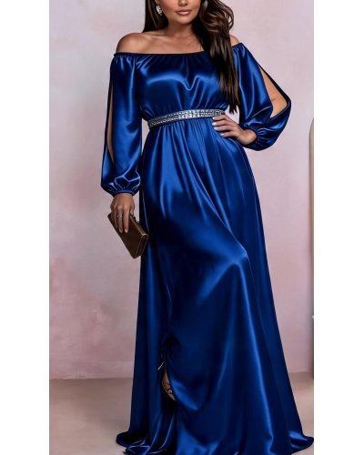 Rochii marimi mari, Rochie lunga din satin albastra vaporoasa cu maneca lunga Larisa  - jojofashion.ro