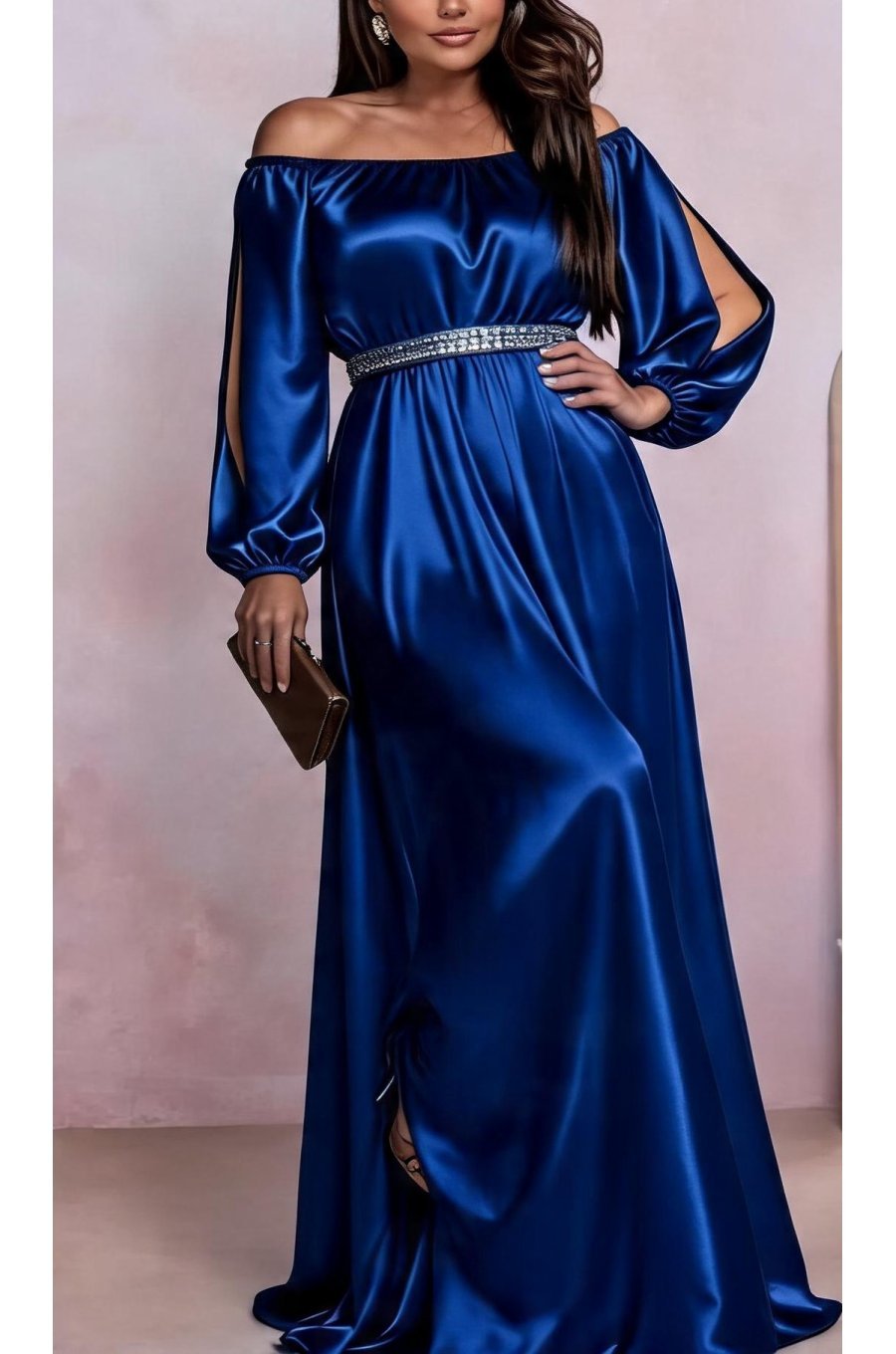 Rochie lunga din satin albastra vaporoasa cu maneca lunga Larisa  2 - jojofashion.ro