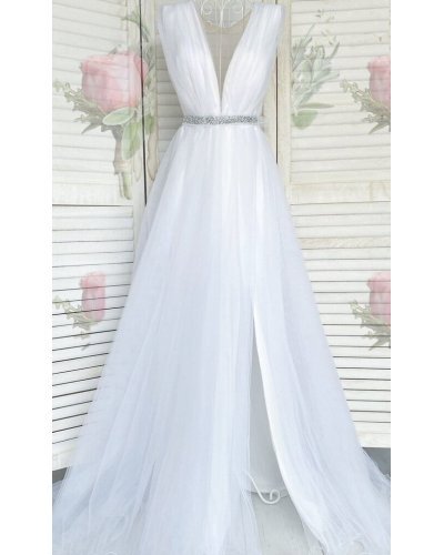 Rochie de seara eleganta lunga cu tul alb Adele Rochii lungi, Rochie de seara eleganta lunga cu tul alb Adele - jojofashion.ro