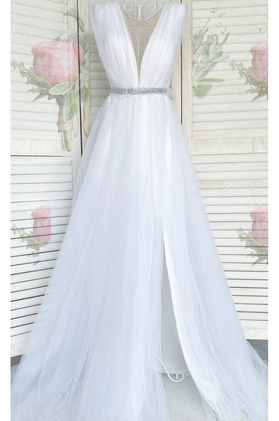 Rochie de seara eleganta lunga cu tul alb Adele 1 - jojofashion.ro