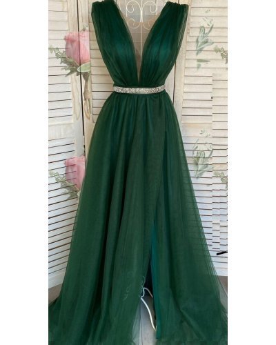 Rochie lunga eleganta cu tul verde smarald Adele - jojofashion.ro