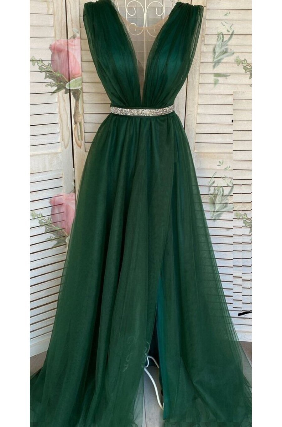 Rochie lunga eleganta cu tul verde smarald Adele 1 - jojofashion.ro