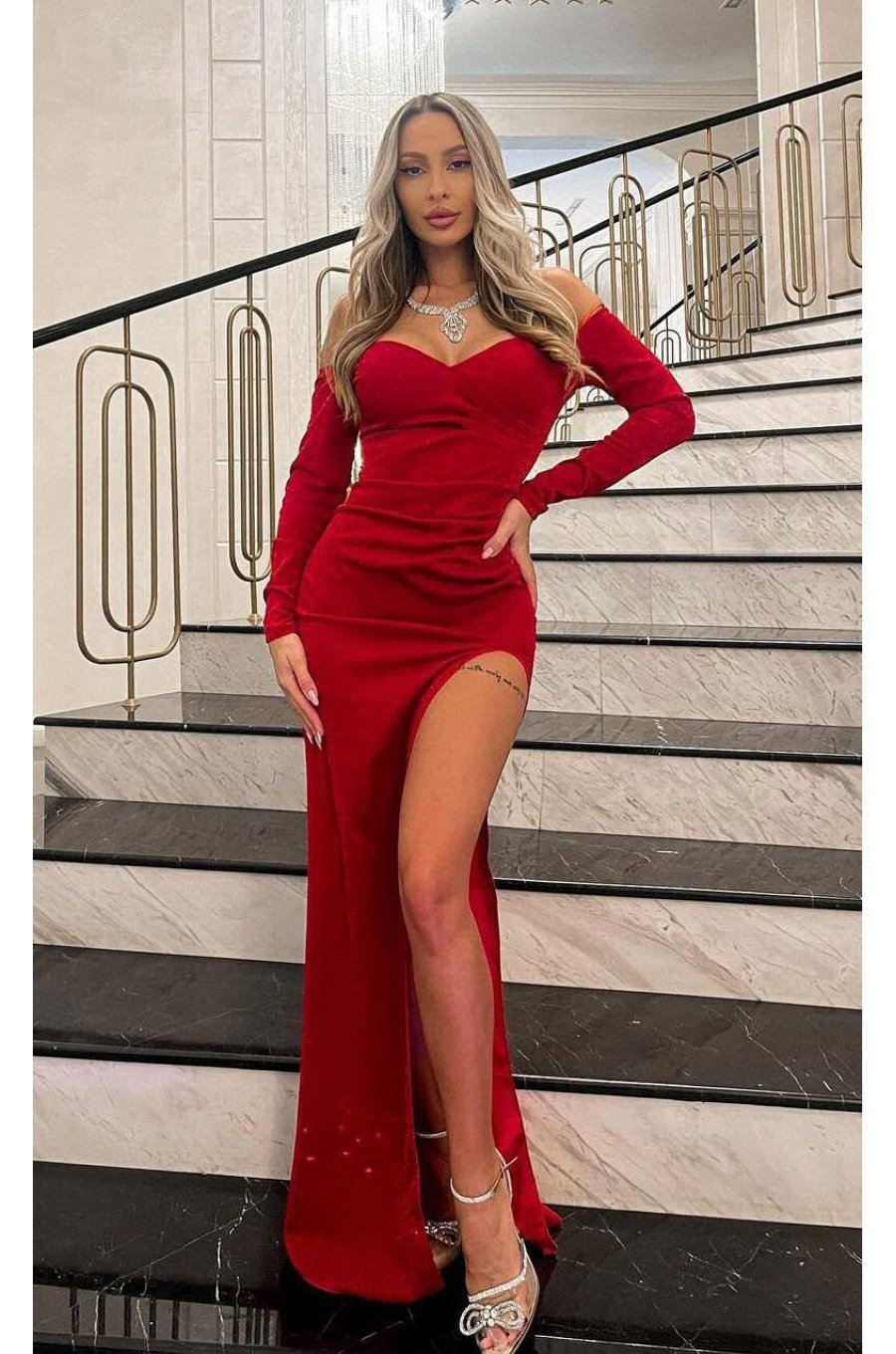 Rochie de seara eleganta lunga, glitter, rosie, mulata, cu maneca lunga, Koucla Carisa 3 - jojofashion.ro