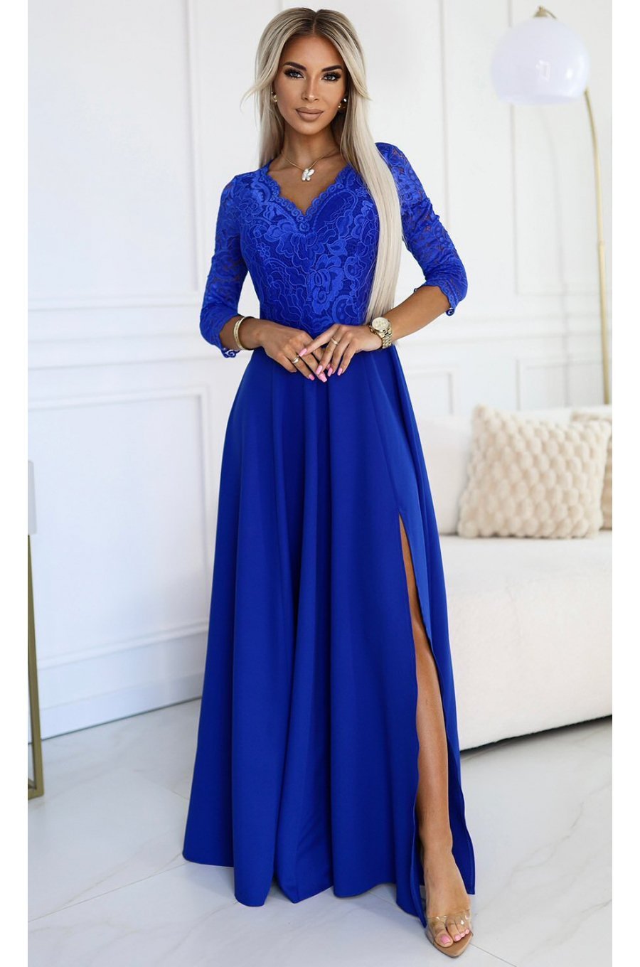 Rochie de seara lunga albastra cu dantela Allegria 1 - jojofashion.ro