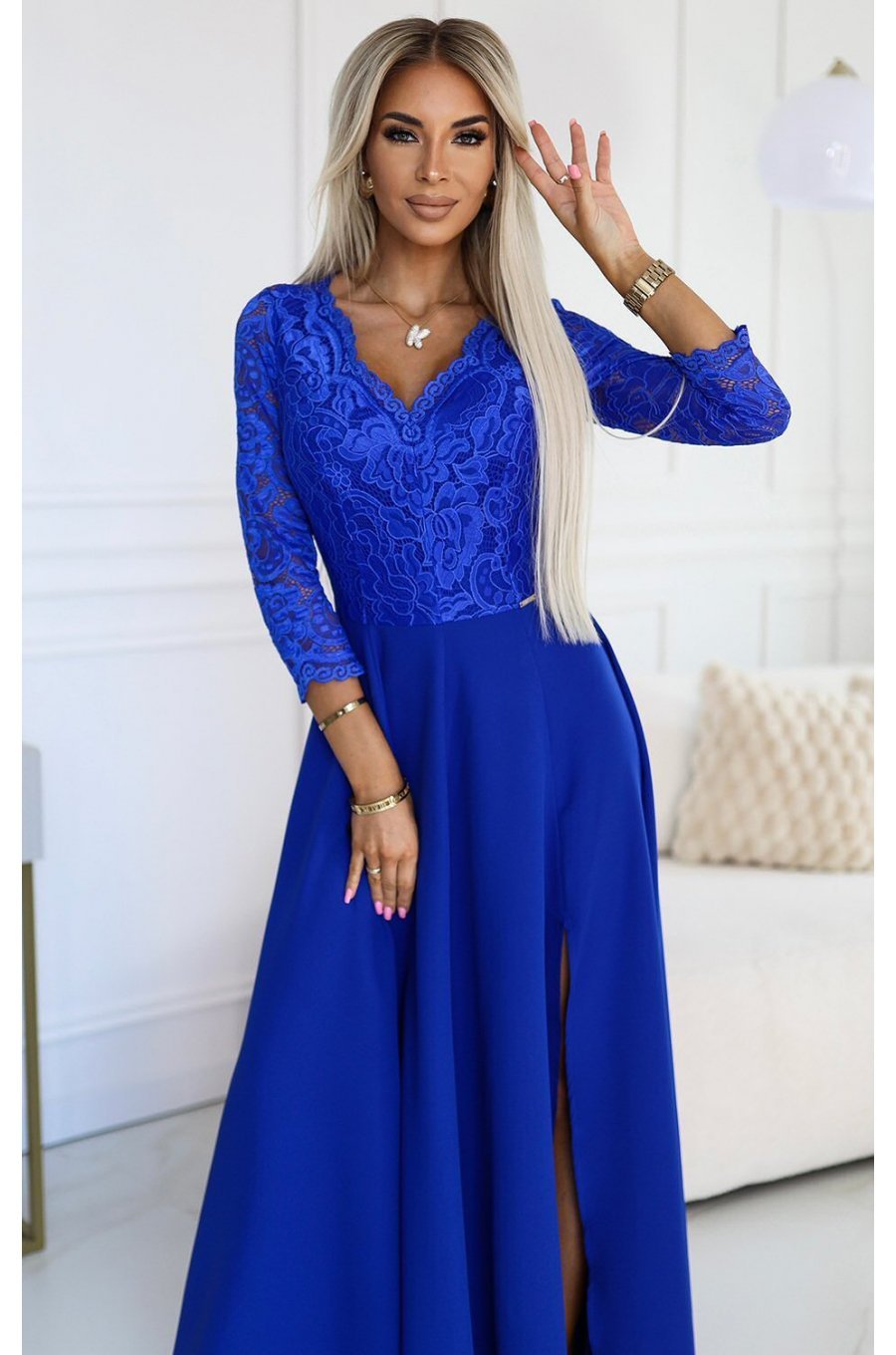 Rochie de seara lunga albastra cu dantela Allegria 3 - jojofashion.ro