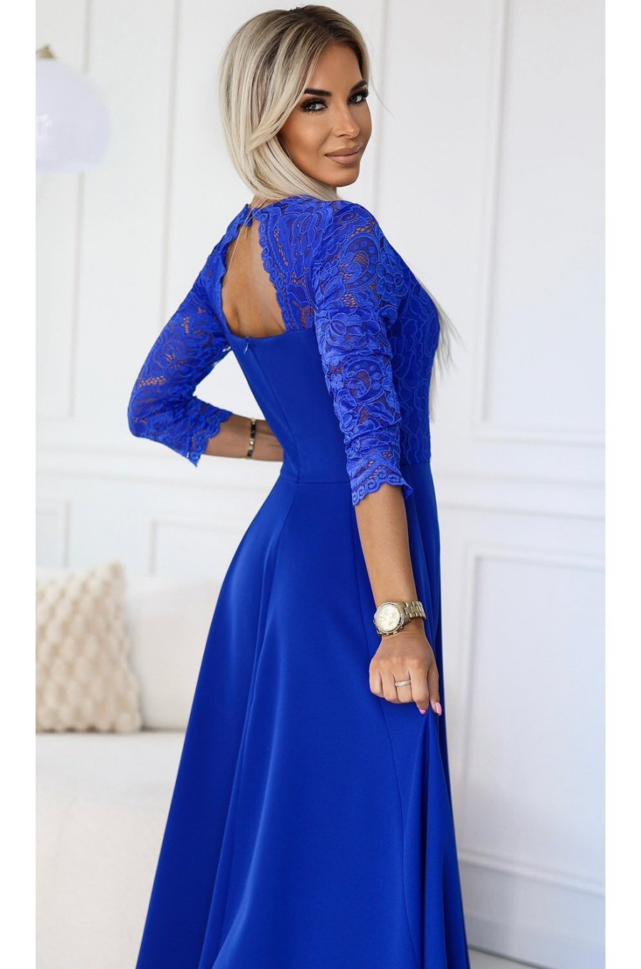 Rochie de seara lunga albastra cu dantela Allegria 4 - jojofashion.ro