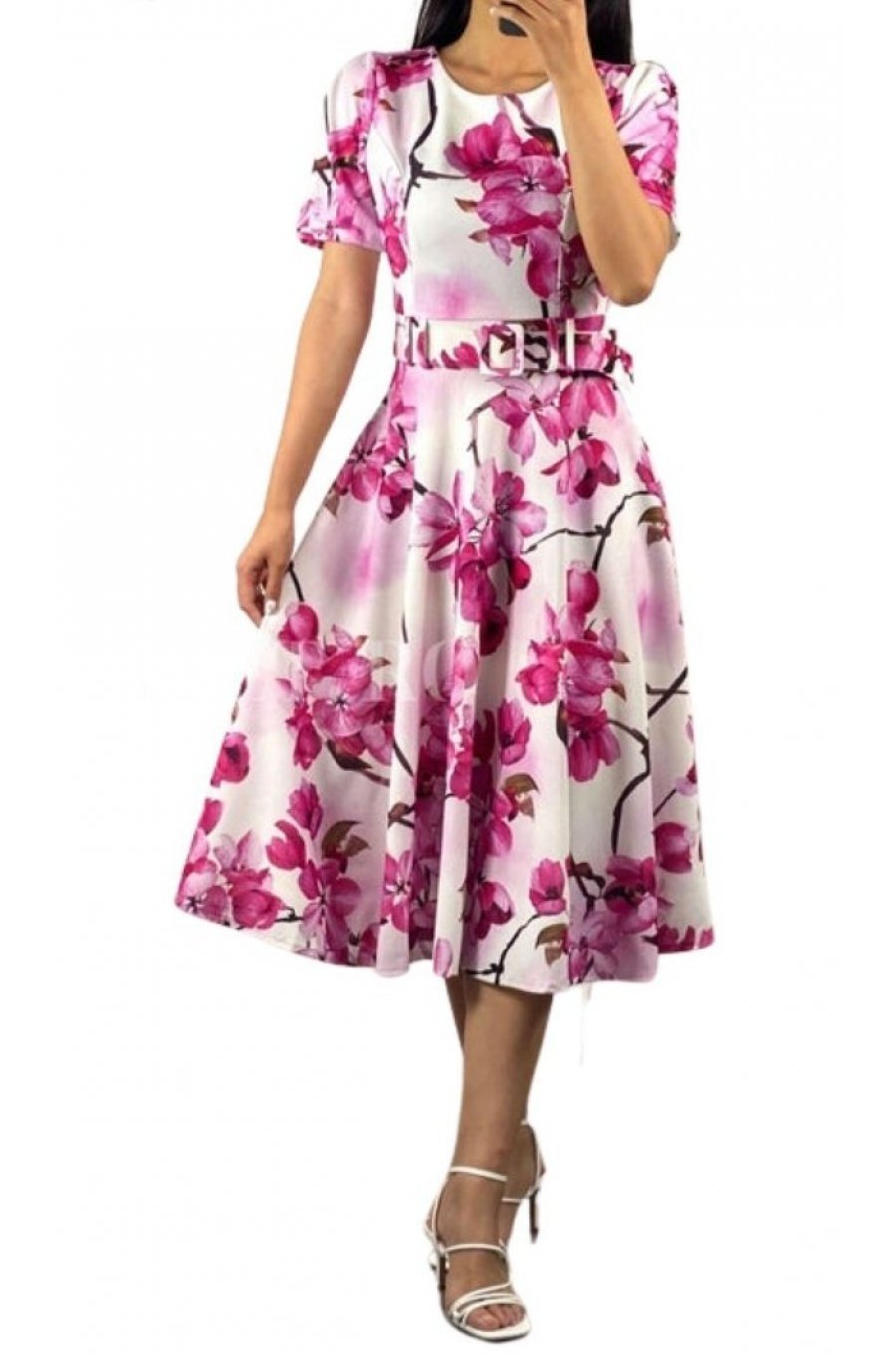 Rochie de vara alba cu flori roz in clos Adelaide 1 - jojofashion.ro