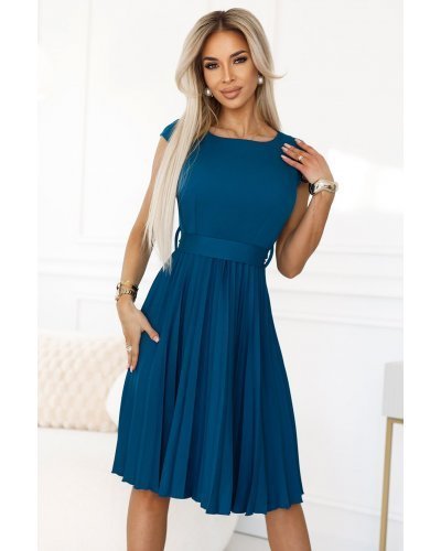 Rochie midi bleu ocean plisata Karima  Rochii de zi, Rochie midi bleu ocean plisata Karima  - jojofashion.ro