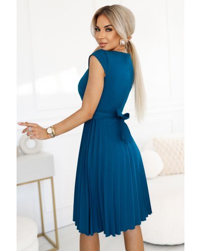 Rochie midi bleu ocean plisata Karima  Rochii de zi, Rochie midi bleu ocean plisata Karima  - jojofashion.ro