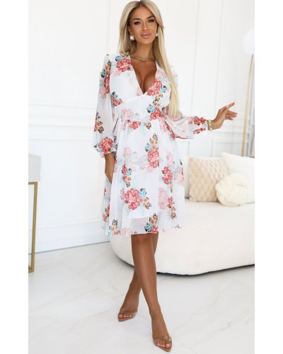 Rochii de vara, Rochie de vara alba midi cu flori vaporoasa Selma - jojofashion.ro