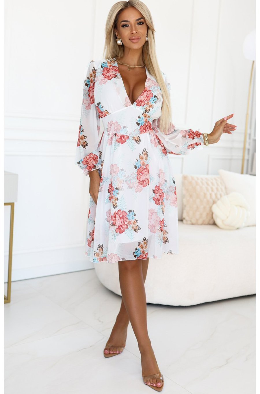 Rochie de vara alba midi cu flori vaporoasa Selma 1 - jojofashion.ro