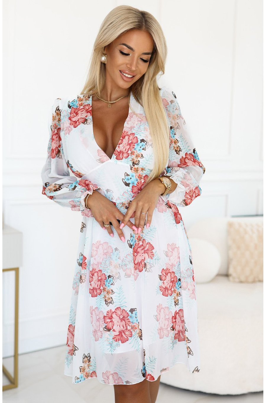 Rochie de vara alba midi cu flori vaporoasa Selma 3 - jojofashion.ro