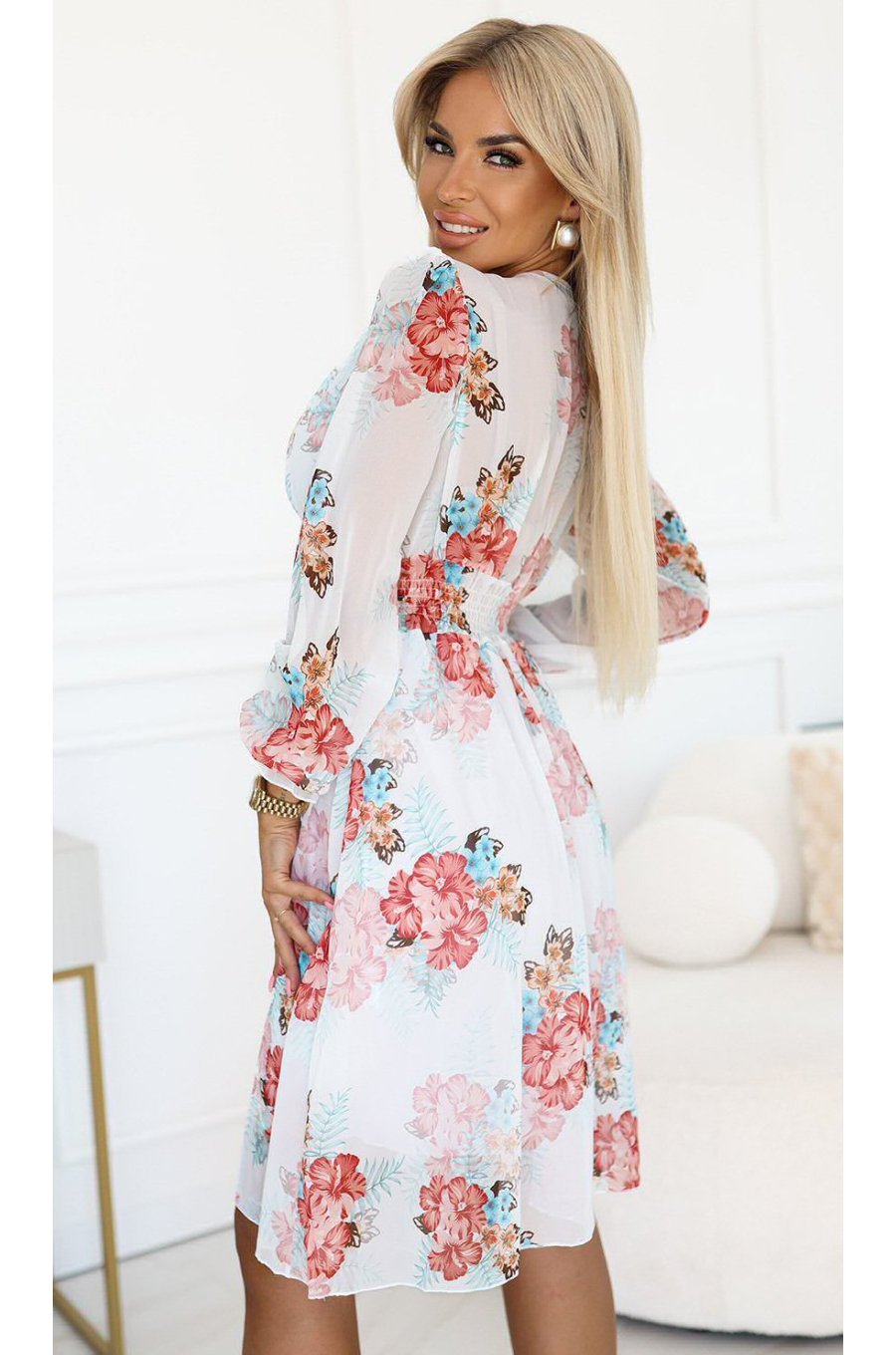 Rochie de vara alba midi cu flori vaporoasa Selma 4 - jojofashion.ro