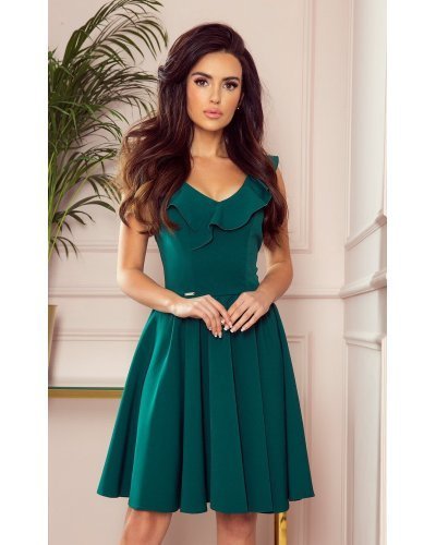 Rochie scurta, verde, in clos, cu volan, Narcisa - jojofashion.ro