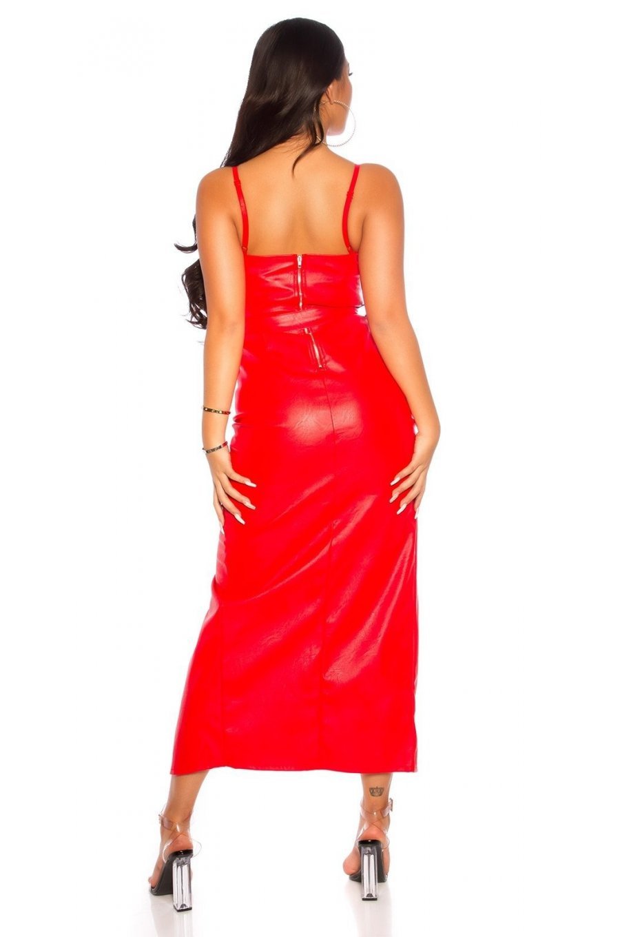 Rochie lunga rosie din piele eco Koucla Emaya 3 - jojofashion.ro