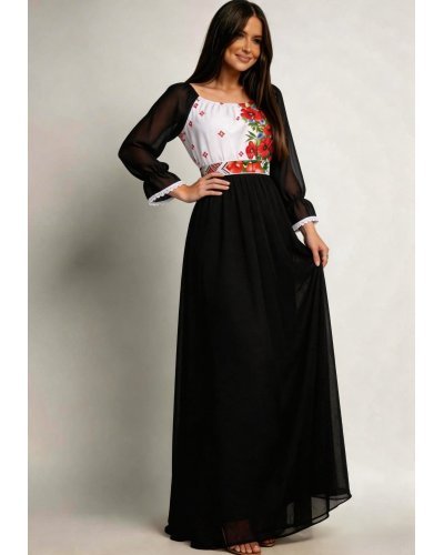 Rochii traditionale, Rochie lunga neagra din voal cu motive traditionale vaporoasa Emanuela - jojofashion.ro