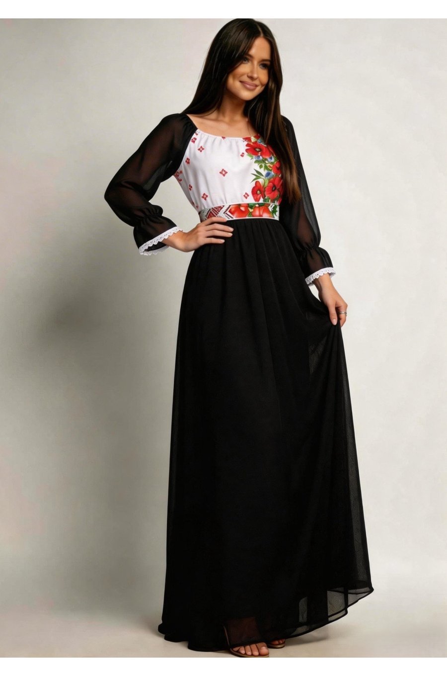 Rochie lunga neagra din voal cu motive traditionale vaporoasa Emanuela 1 - jojofashion.ro
