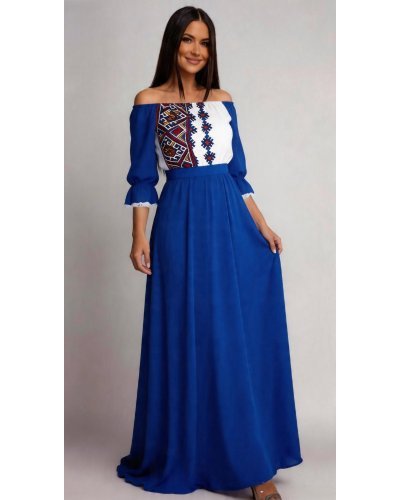 Rochii marimi mari, Rochie lunga albastra traditionala din voal vaporoasa Analisa - jojofashion.ro