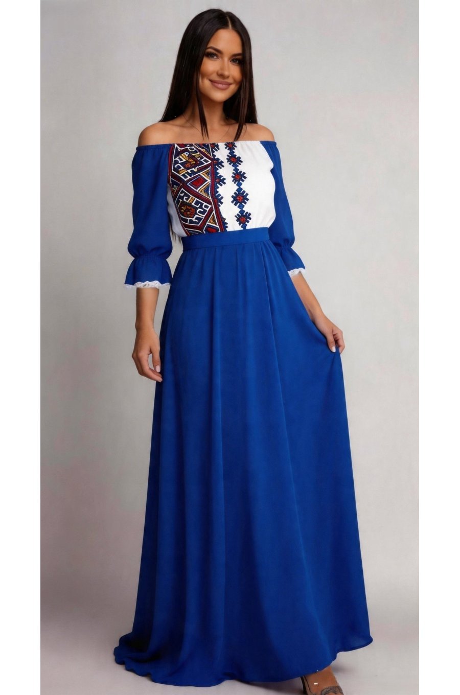 Rochie lunga albastra traditionala din voal vaporoasa Analisa 1 - jojofashion.ro