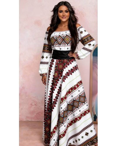 Rochii marimi mari, Rochie multicolora lunga cu motive traditionale Lorelei - jojofashion.ro