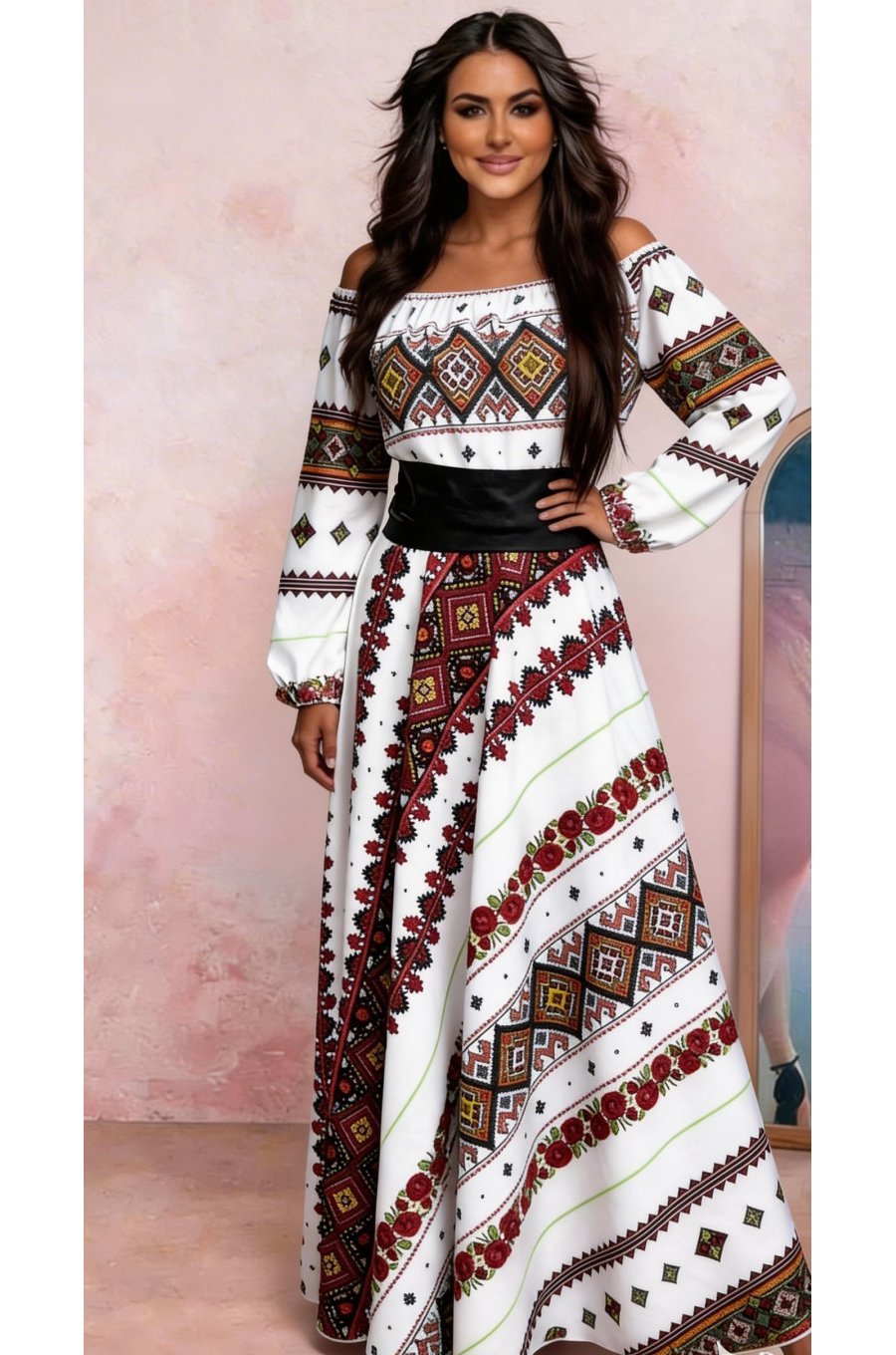 Rochie multicolora lunga cu motive traditionale Lorelei 1 - jojofashion.ro