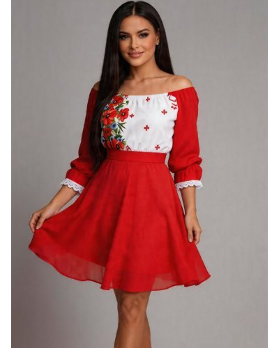 Rochii scurte, Rochie scurta rosie cu maci din voal cu motive traditionale Loredana - jojofashion.ro