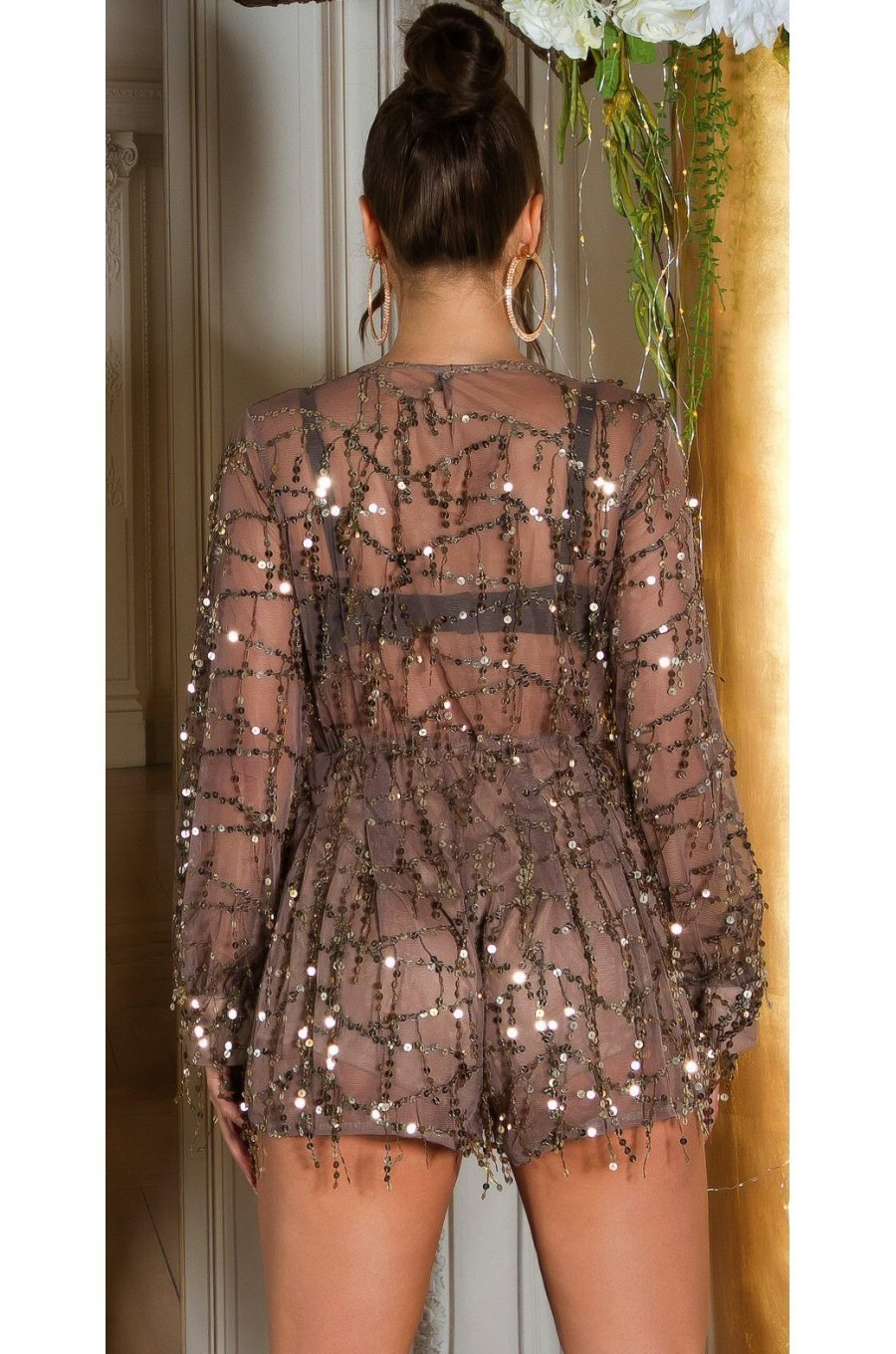 Salopeta scurta cappuccino cu paiete Eugenia 4 - jojofashion.ro