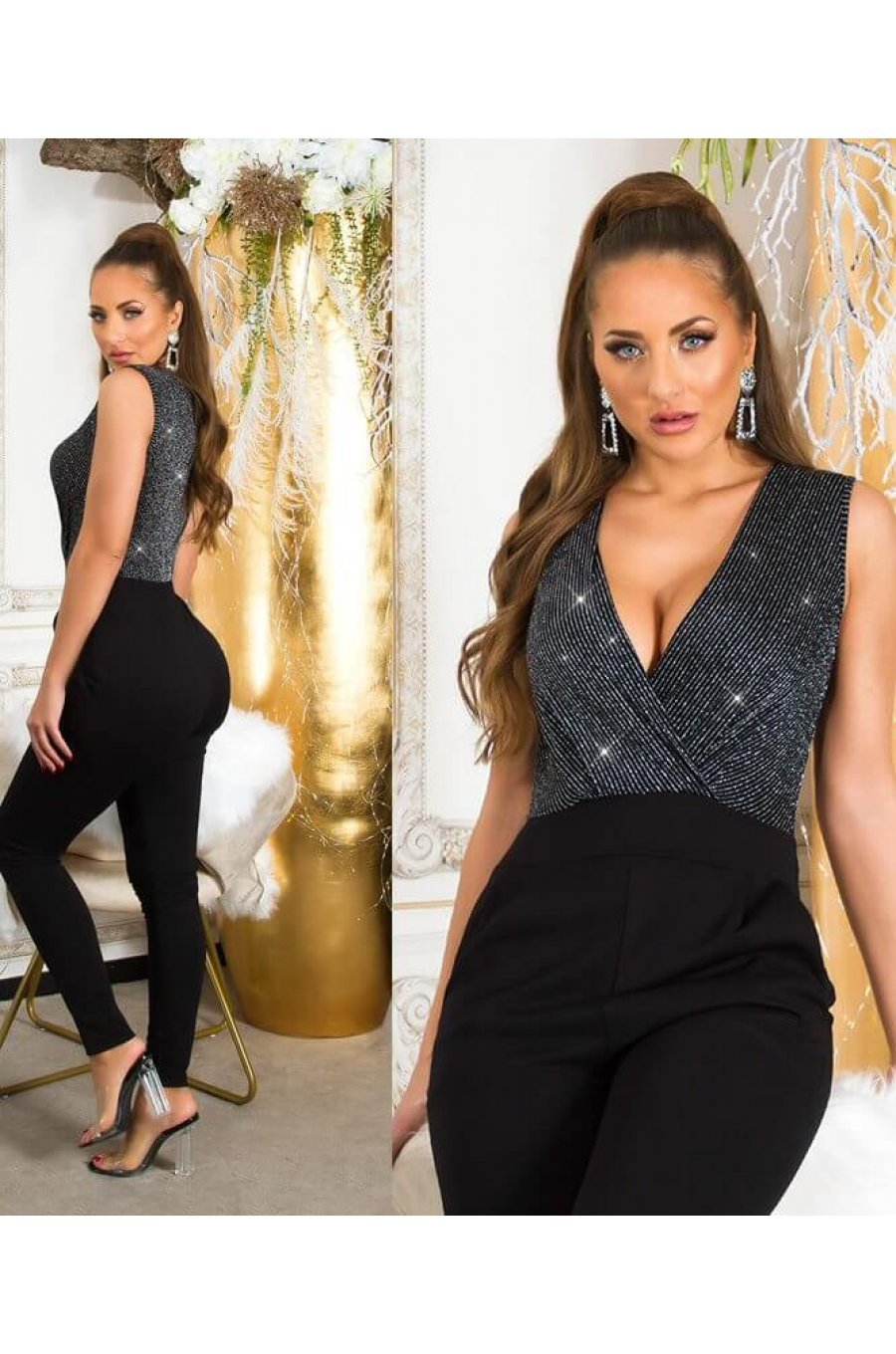 Salopeta eleganta neagra cu bust argintiu Aura 3 - jojofashion.ro