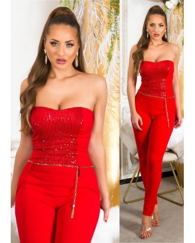 Salopeta de seara rosie cu paiete, cu umerii goi  Noela Salopete dama, Salopeta de seara rosie cu paiete, cu umerii goi  Noela - jojofashion.ro