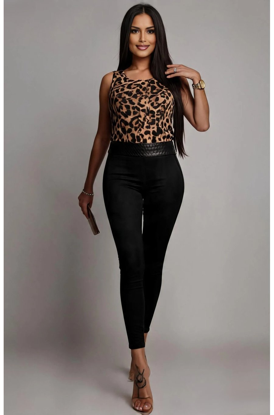 Salopeta eleganta in doua culori leopard si negru Livana 1 - jojofashion.ro