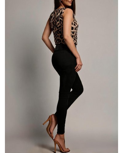 Salopete dama, Salopeta eleganta in doua culori leopard si negru Livana - jojofashion.ro