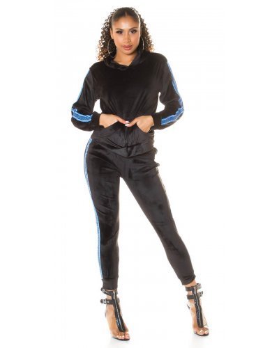Trening dama casual, din catifea, negru cu dungi albastre Jade - jojofashion.ro